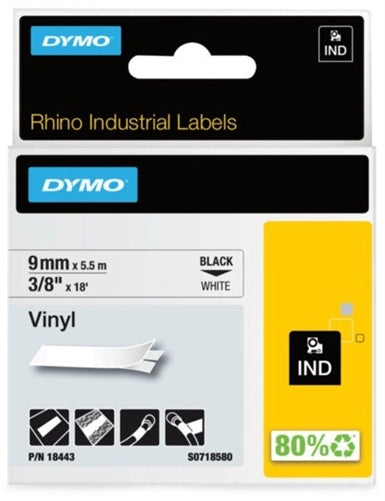 Dymo Rhino 18443 Vinyl Label Black On White 3/8" x 18'