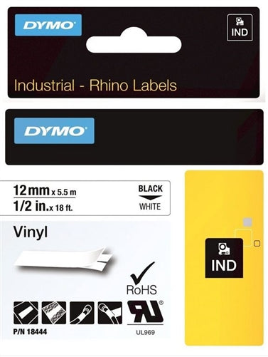 Dymo Rhino 18444 Vinyl Label Black On White 1/2" x 18'