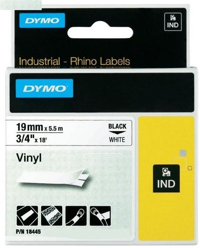 Dymo Rhino 18445 Vinyl Label Black On White 3/4" x 18'