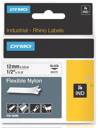 Dymo Rhino 18488 Nylon Flexible Label 1/2" x 11.5' Black On White (Substitute for 20555)
