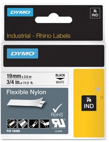 Dymo Rhino 18489 Nylon Flexible Label 3/4" x 11.5' Black On White (Substitute for 20556)