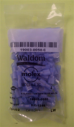 Molex 19003-0050 Blue 16-14AWG .187" Female Quick Connector, Fully Nylon Insulated, 100/Pack