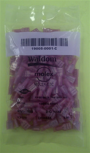 Molex 19005-0001 Red 22-18AWG .250" Female Quick Connector, Fully Nylon Insulated, 100/Pack