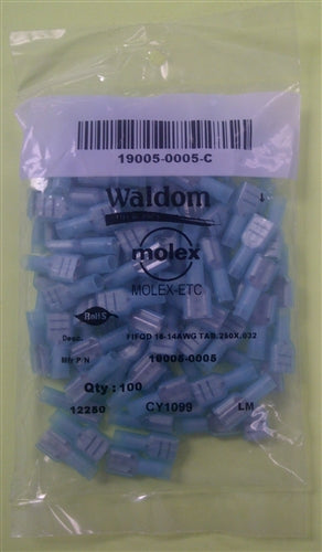 Molex 19005-0005 Blue 16-14AWG .250" Female Quick Connector, Fully Nylon Insulated, 100/Pack
