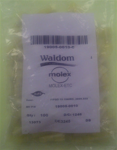 Molex 19005-0010 Yellow 12-10AWG .250" Female Quick Connector, Fully Nylon Insulated, 100/Pack