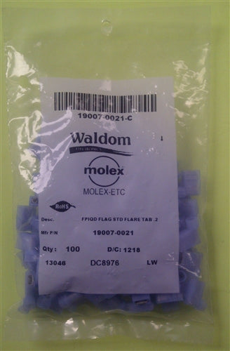 Molex 19007-0021 Blue 16-14AWG .250" Female Flag Connector, Fully Nylon Insulated, 100/Pack