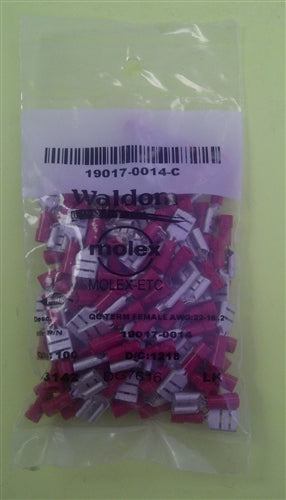 Molex 19017-0014 Red 22-18AWG .250" Female Quick Connector, Vinyl Insulated, 100/Pack