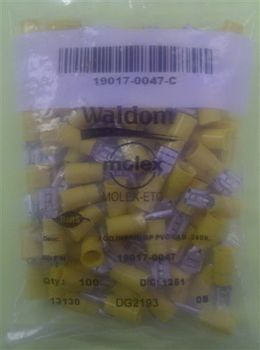 Molex 19017-0047 Yellow 12-10AWG .250" Female Quick Connector, Vinyl Insulated, 100/Pack