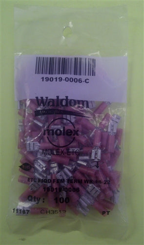 Molex 19019-0006 Red 22-18AWG .187" Female Quick Connector, Nylon Insulated, 100/Pack