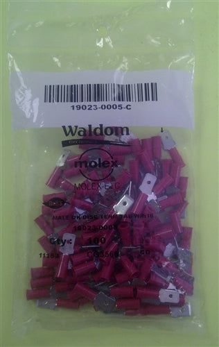 Molex 19023-0005 Red 22-18AWG .250" Male Quick Connector, Vinyl Insulated, 100/Pack