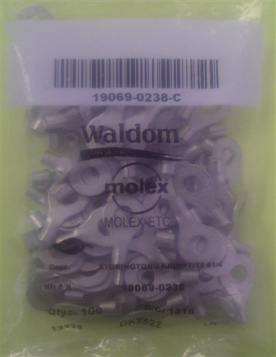 Molex 19069-0238 Non-Insulated 12-10AWG 1/4" Ring Terminal Connector, 100/Pack