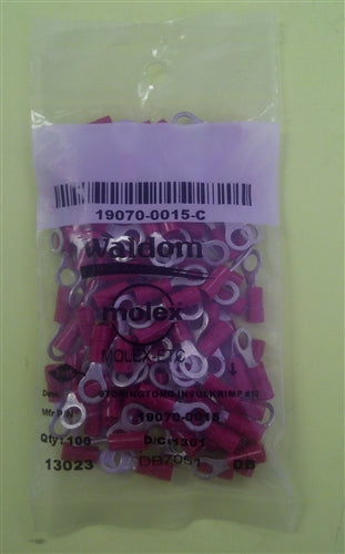 Molex 19070-0015 Red 22-18AWG #10 Ring Terminal Connector, Vinyl Insulated, 100/Pack