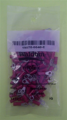 Molex 19070-0040 Red 22-18AWG #6 Ring Terminal Connector, Vinyl Insulated, 100/Pack