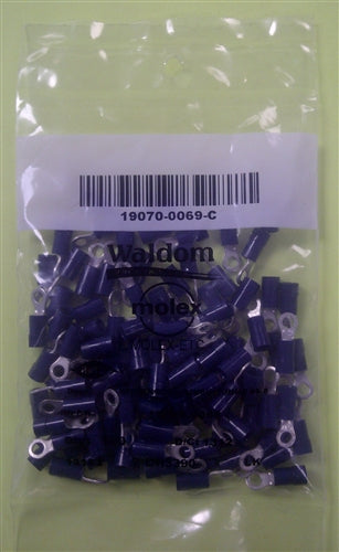 Molex 19070-0069 Blue 16-14AWG #6 Ring Terminal Connector, Vinyl Insulated, 100/Pack