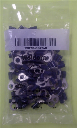 Molex 19070-0075 Blue 16-14AWG 1/4" Ring Terminal Connector, Vinyl Insulated, 100/Pack