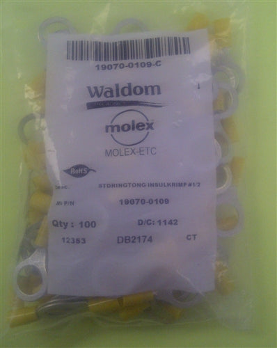 Molex 19070-0109 Yellow 12-10AWG 1/2" Ring Terminal Connector, Vinyl Insulated, 100/Pack