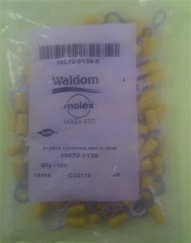 Molex 19070-0136 Yellow 12-10AWG 5/16" Ring Terminal Connector, Vinyl Insulated, 100/Pack