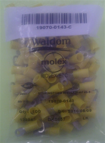 Molex 19070-0143 Yellow 12-10AWG #6 Ring Terminal Connector, Vinyl Insulated, 100/Pack