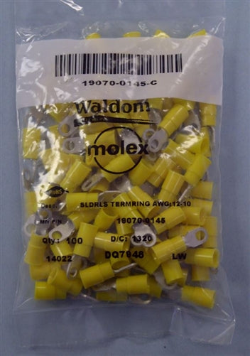 Molex 19070-0145 Yellow 12-10AWG #8 Ring Terminal Connector, Vinyl Insulated, 100/Pack