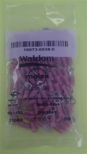 Molex 19073-0038 Red 22-18AWG #6 Ring Terminal Connector, Nylon Insulated, 100/Pack