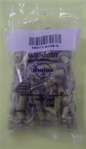 Molex 19073-0236 Yellow 12-10AWG 3/8" Ring Terminal Connector, Nylon Insulated, 100/Pack