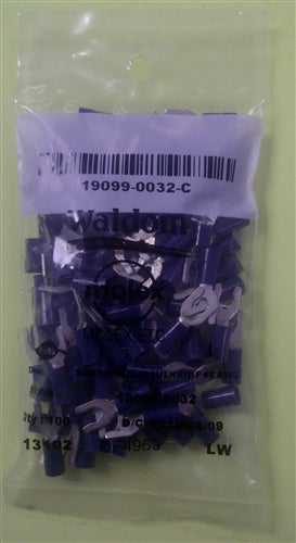 Molex 19099-0032 Blue 16-14AWG #8 Locking Spade Connector / Fork Terminal, Vinyl Insulated, 100/Pack