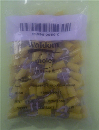 Molex 19099-0050 Yellow 12-10AWG #10 Locking Spade Connector / Fork Terminal, Vinyl Insulated, 100/Pack