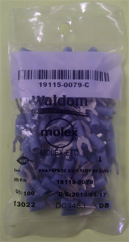 Molex 19115-0079 Blue 16-14AWG #8 Locking Spade Connector / Fork Terminal, Nylon Insulated, 100/Pack