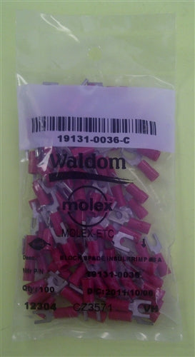Molex 19131-0036 Red 22-18AWG #8 Spade Connector / Fork Terminal, Vinyl Insulated, 100/Pack
