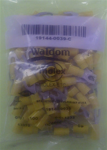 Molex 19144-0039 Yellow 12-10AWG #8 Spade Connector / Fork Terminal, Vinyl Insulated, 100/Pack