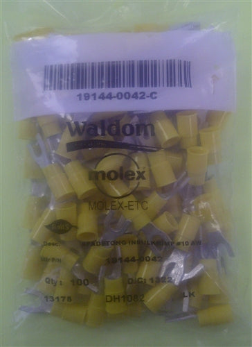 Molex 19144-0042 Yellow 12-10AWG #10 Spade Connector / Fork Terminal, Vinyl Insulated, 100/Pack