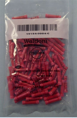 Molex 19154-0004 Red 22-18AWG Butt Splice Connector, Vinyl Insulated, 100/Pack