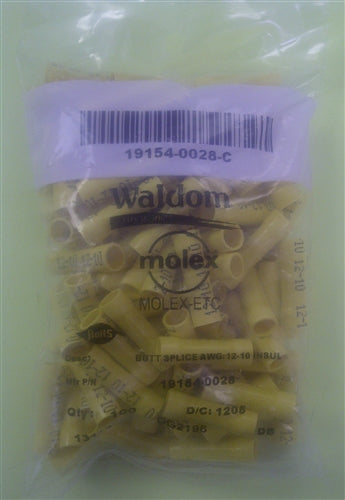Molex 19154-0028 Yellow 12-10AWG Butt Splice Connector, Vinyl Insulated, 100/Pack