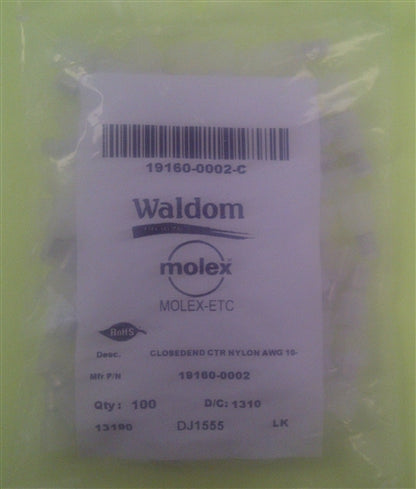 Molex 19160-0002 Closed End Connectors / Hat Crimps 22-10AWG, 100/Pack