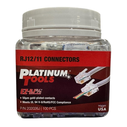 Platinum 202026J EZ-RJ12/11 Connectors, Works On Solid or Stranded Wire, 100/Jar