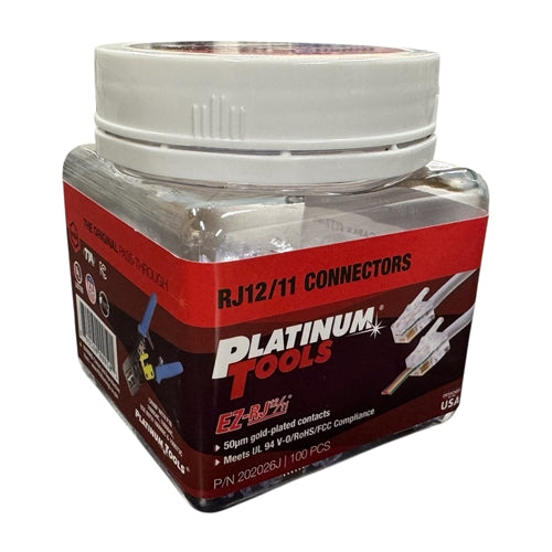 Platinum 202026J EZ-RJ12/11 Connectors, Works On Solid or Stranded Wire, 100/Jar