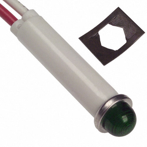 VCC 2191U5-24V Green LED 24V Panel Mount Indicator Lamp, Hi-Dome, .310" Hole Diameter, Wire Leads