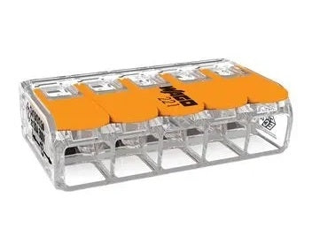 Wago 221-615 Pluggable Terminal Block, Lever Nuts, 5 Positions, Wire Sizes 20-10AWG, 450V 41A Rated, 15/Pack