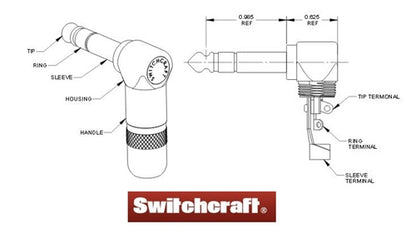 Switchcraft 236 3 Pole Stereo 1/4" Right Angle Cable Mount Phone Plug, Round Metal Handle with Solder Contacts
