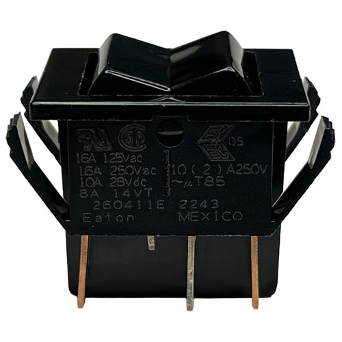 Eaton 260411E Rocker Switch DPDT On-Off-On, 16A@125VAC/250VAC / 10A@28VDC / 8A@14VDC(t), Black, QC Terminals