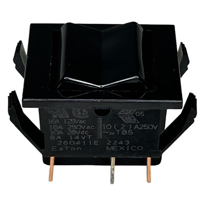 Eaton 260411E Rocker Switch DPDT On-Off-On, 16A@125VAC/250VAC / 10A@28VDC / 8A@14VDC(t), Black, QC Terminals