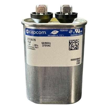 Capcom Genteq 27L567 Motor Run Capacitor 15uF 370VAC Oval ** Rated for Continuous/100% Duty Cycle **