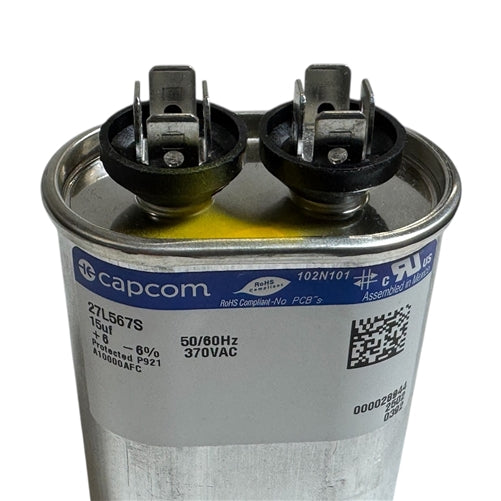 Capcom Genteq 27L567 Motor Run Capacitor 15uF 370VAC Oval ** Rated for Continuous/100% Duty Cycle **