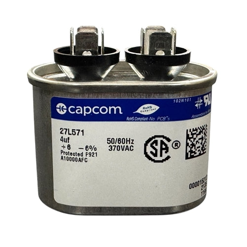 Capcom Genteq 27L571 Motor Run Capacitor 4uF 370VAC Oval ** Rated for Continuous/100% Duty Cycle **