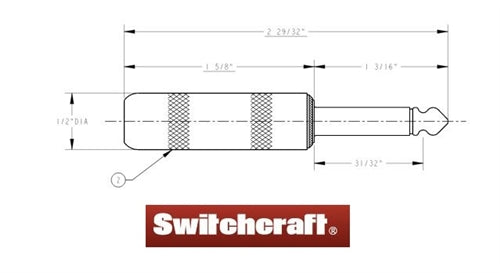Switchcraft 280 2 Pole Mono 1/4" Cable Mount Phone Plug, Nickel Metal Handle with Solder Lugs and Cable Clamp