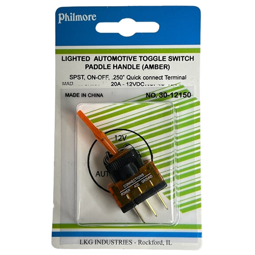 Philmore 30-12150 Lighted Automotive Toggle Switch SPST On-Off, 20A@12VDC, Amber with QC Terminals