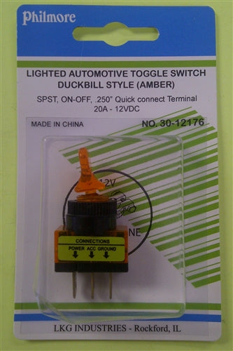 Philmore 30-12176 Automotive Toggle Switch SPST On-Off, 20A@12VDC, Amber with QC Terminals *Not Rated for 120/220VAC*