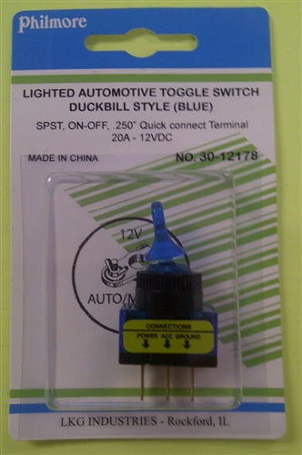 Philmore 30-12178 Automotive Toggle Switch SPST On-Off, 20A@12VDC, Blue with QC Terminals *Not Rated for 120/220VAC*