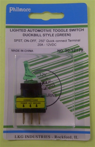 Philmore 30-12179 Automotive Toggle Switch SPST On-Off, 20A@12VDC, Green with QC Terminals *Not Rated for 120/220VAC*