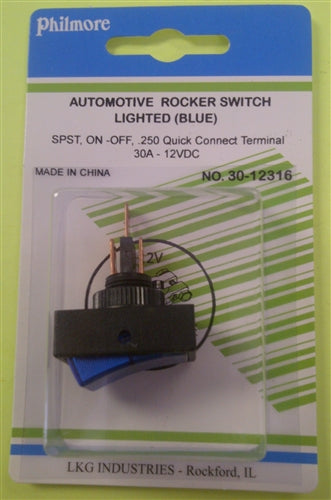 Philmore 30-12316 Automotive Rocker Switch SPST On-Off, 30A@12VDC, Blue Lamp, QC Terminals *Not Rated for 120/220VAC*